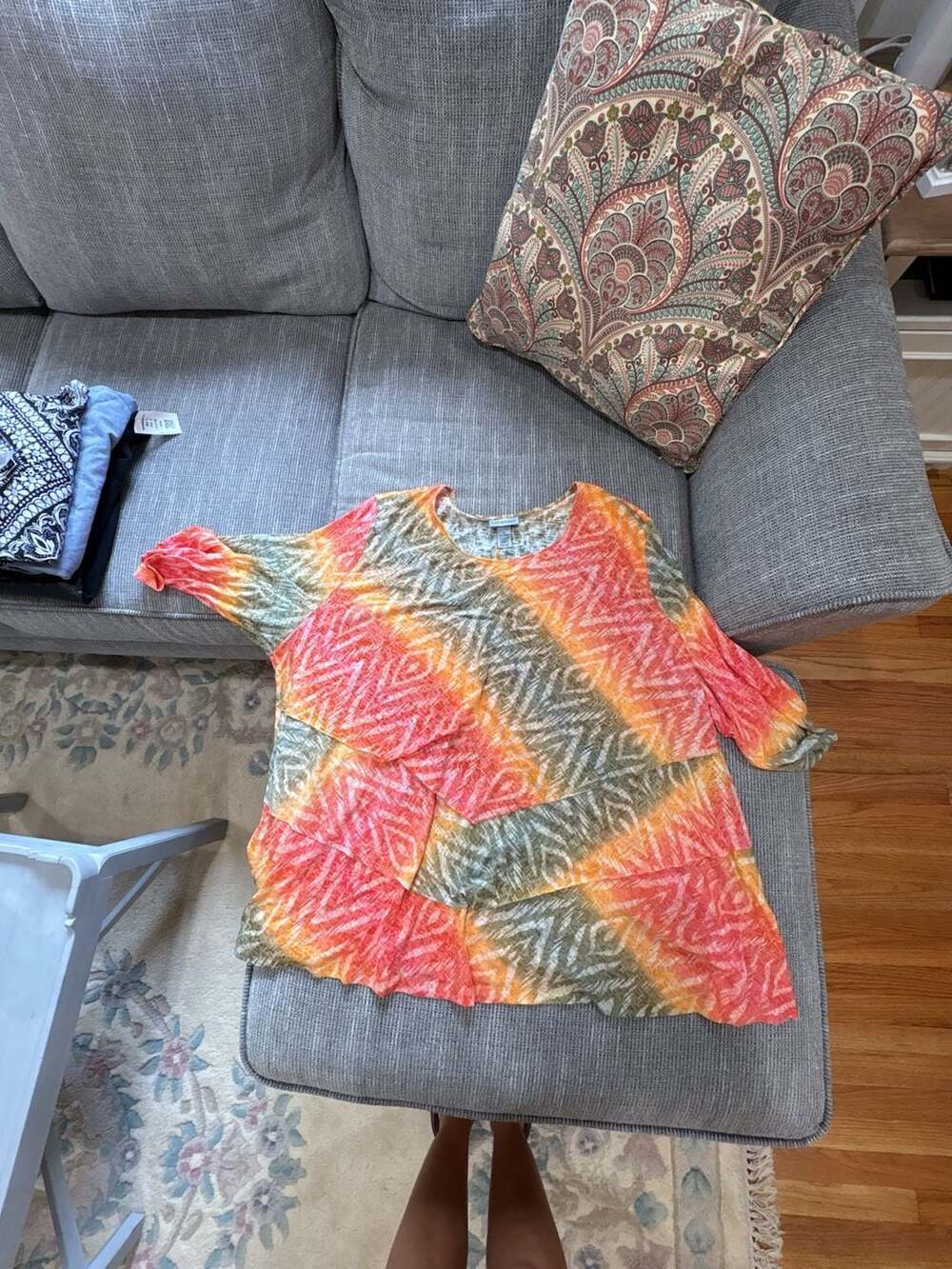 Catherines Women's Plus Size Poetry Tiered Tee in Orange Abstract Geometric Prin